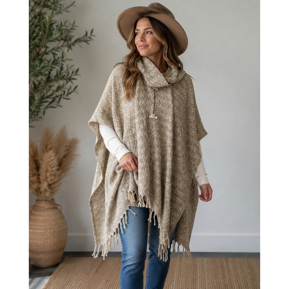 VTG Artilana Mexico Wool Southwestern Poncho Cape Attached Scarf Taupe Cream